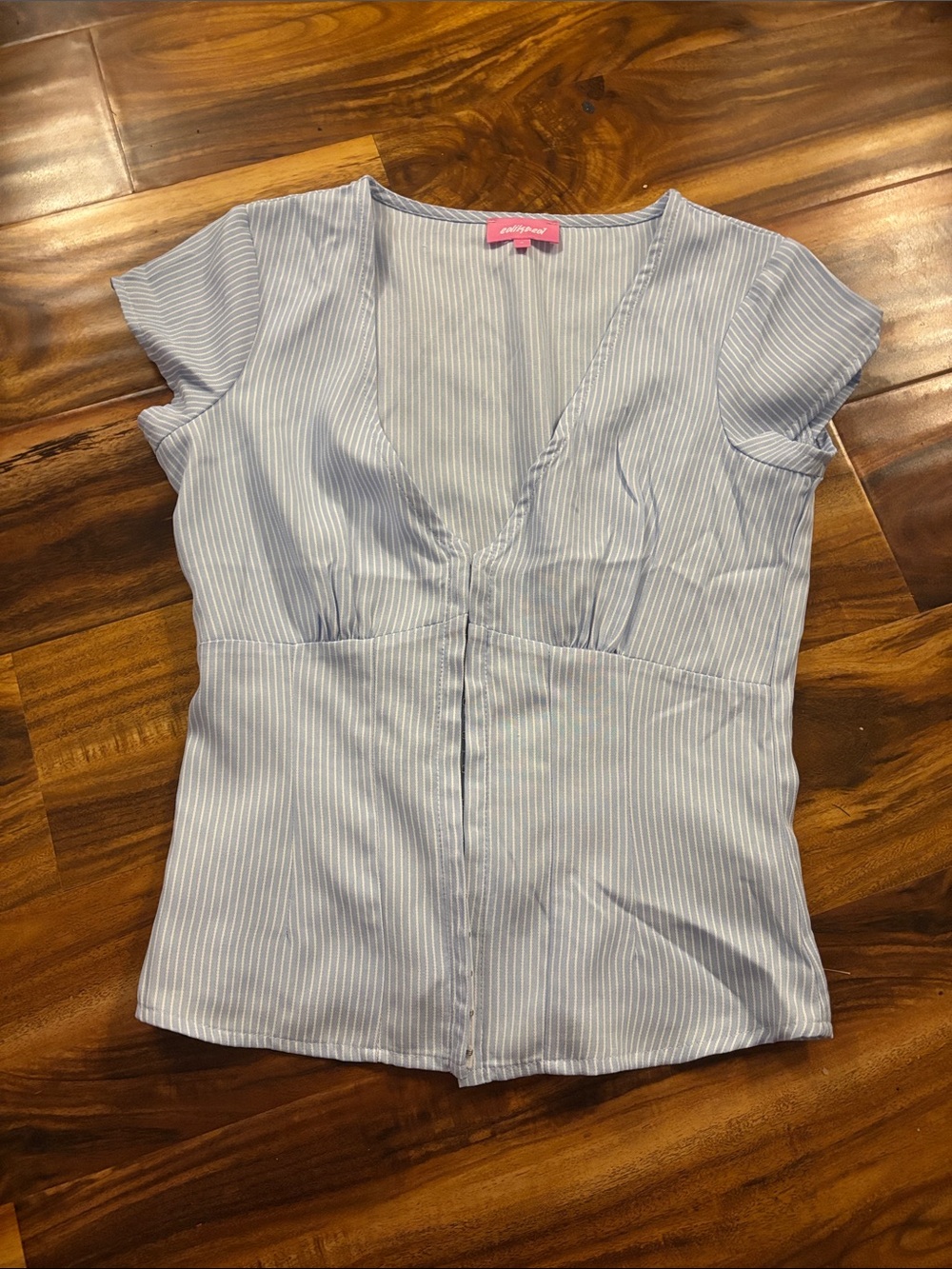 Edikted Light Blue & White Pinstripe V-Neck Short Sleeve Blouse